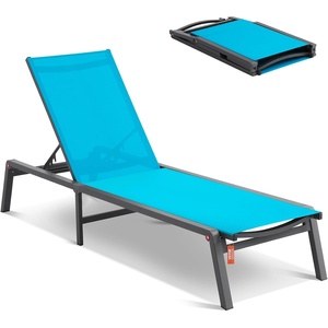VEVOR Chaise Lounge Chair Outdoor, Aluminum Patio Lounge Chairs with Adjustable 5-Position, Folding Pool Chair Recliner and Full Flat Tanning Chairs for Patio, Beach, Pool, Dark Grey(Blue)