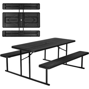 VEVOR Foldable Picnic Table, 6 FT Folding Picnic Tables with Benches, Steel Outdoor Bench Set with Umbrella Hole, Large Outside Dining Table for Patio Garden Yard Poolside (Black)