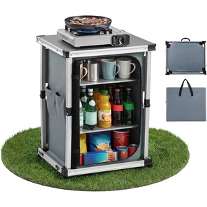 VEVOR Folding Camping Storage Cabinet, Outdoor Portable Aluminum Lightweight Table, Quick Set-up Compact Kitchen Cook Station, with 3 Shelves and Carry Bag, for Picnic, BBQ, Camping, RV Traveling
