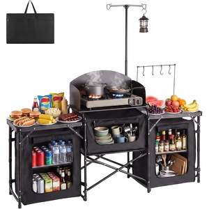 VEVOR Folding Camping Table, Outdoor Portable Table, Quick Set-up Kitchen Cook Station, with Storage Organizer, Telescoping Legs, a Detachable Windscreen, Carrying Bag, for Picnic BBQ RV Traveling