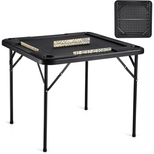 VEVOR Folding Card Table, 4 Player Portable with 4 Cup Holders & Chip Trays, Mahjong Domino Game Set, 35.4 x 35.4-inch, Black(Black)