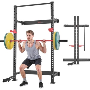 VEVOR Folding Power Cage, Wall-Mounted Power Rack Squat Rack, Multifunctional Strength Training Workout Equipment with Landmine Holder, Adjustable J-Hooks & Pull-Up Bar for Home Gym, 1000LBS Capacity