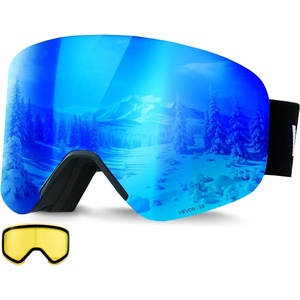 VEVOR Frameless Ski Goggles, Magnet Cylindrical Lens with Revo Coating, OTG Anti fog Snow Goggles, TPU Frame(Blue Lens Vlt 8-18%)