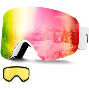 VEVOR Frameless Ski Goggles, Magnet Cylindrical Lens with Revo Coating, OTG Anti fog Snow Goggles, TPU Frame(Pink Lens Vlt 8-18%)