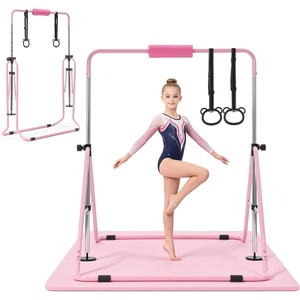 VEVOR Gymnastic Bars for Kids, 140 lbs Capacity Folding Training Kip Bar with Mat, Adjustable Height Gymnastic Horizontal Bar for Home, Training Equipment for Indoor Outdoor, Easy to Assemble, Pink