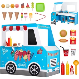 VEVOR Ice Cream Cart for Kids, 20+ PCS Ice Cream Truck Wooden Playset, Pretend Play Stand with Steering Wheel & Chalkboard, Payment Scanner & Freezer, Faucet & Sink, Suitable for Kids 3-7 Years Old