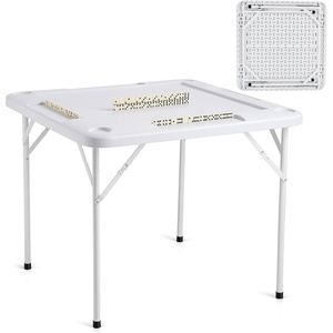 VEVOR Mahjong Table, Square 4 Player Folding Card Table with 4 Cup Holders & 4 Chip Trays, Portable Domino Game Table with 1 Set of Dominoes for Mahjong Poker Puzzles, 35.4 x 35.4-inch, White