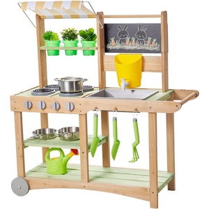 VEVOR Mud Kitchen, Outdoor Mud Kitchen for Kids, Wood Outdoor Play Kitchens with Spoons, Sink, Sunshade Canopy, Swivel Wheels, Cookware Pots and Accessories, Wooden Play Kitchens for Home, Lawn(34.65 x 12.83 x 35.43 inches)