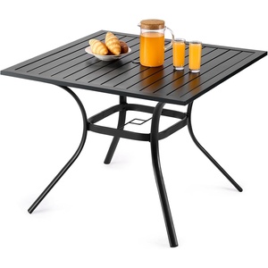 VEVOR Outdoor Patio Dining Table, 59 inch Long Rectangular Wood-Like Steel Slat Backyard Bistro Tables for 4-6, with 1.5 in Umbrella Hole, All-Weather Large Furniture for Lawn Garden Porch, Brown(37 inch)