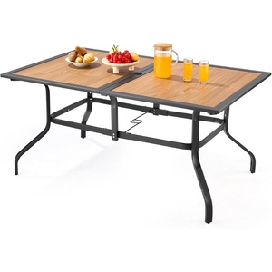 VEVOR Outdoor Patio Dining Table, 59 inch Long Rectangular Wood-Like Steel Slat Backyard Bistro Tables for 4-6, with 1.5 in Umbrella Hole, All-Weather Large Furniture for Lawn Garden Porch, Brown(59 inch-Wood-Like Steel)