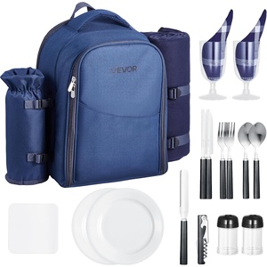 VEVOR Picnic Backpack, Beach Picnic Backpack Bag for 2 Person with Insulated Cooler Compartment, Detachable Bottle/Wine Holder, Lightweight Blanket, Plates & Cutlery Set for Hiking, Camping, Navy Blue(single layer for 2 & blue)