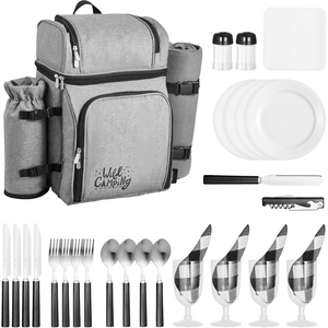 VEVOR Picnic Backpack, Beach Picnic Backpack Bag for 2 Person with Insulated Cooler Compartment, Detachable Bottle/Wine Holder, Lightweight Blanket, Plates & Cutlery Set for Hiking, Camping, Navy Blue(double layer for 4 & gray)