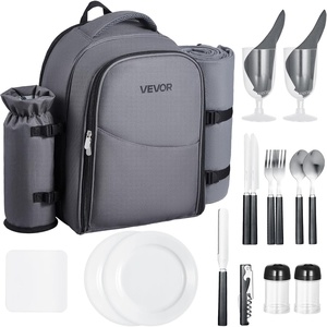 VEVOR Picnic Backpack, Beach Picnic Backpack Bag for 2 Person with Insulated Cooler Compartment, Detachable Bottle/Wine Holder, Lightweight Blanket, Plates & Cutlery Set for Hiking, Camping, Navy Blue(single layer for 2 & gray)