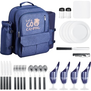 VEVOR Picnic Backpack, Beach Picnic Backpack Bag for 2 Person with Insulated Cooler Compartment, Detachable Bottle/Wine Holder, Lightweight Blanket, Plates & Cutlery Set for Hiking, Camping, Navy Blue(single layer for 4 & blue)