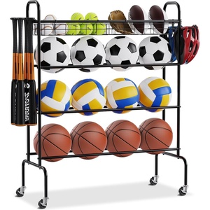 VEVOR Rolling Sports Ball Storage Cart, Lockable Basketball Cage with Double Lids, Sport Equipment Holder Organizer for Indoor Outdoor, Steel Storage Rack for Garages, Playgroup, Gym and Schools(4-tiers rack)