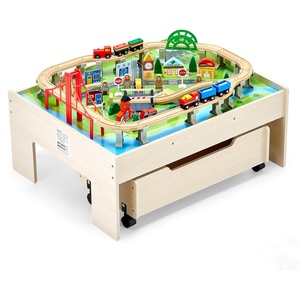 VEVOR Train Table, 100 Multicolor Pieces Wooden Kids Activity Table with Rolling Storage Drawer, 3-in-1 Wooden Train Set for Gaming, Drawing, Reading, Eating, Creative Toy Set for Kids Ages 3+(Rolling Drawer)