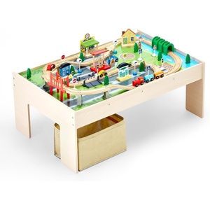 VEVOR Train Table, 100 Multicolor Pieces Wooden Kids Activity Table with Rolling Storage Drawer, 3-in-1 Wooden Train Set for Gaming, Drawing, Reading, Eating, Creative Toy Set for Kids Ages 3+(Medium Table – Storage Bag)