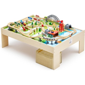 VEVOR Train Table, 100 Multicolor Pieces Wooden Kids Activity Table with Rolling Storage Drawer, 3-in-1 Wooden Train Set for Gaming, Drawing, Reading, Eating, Creative Toy Set for Kids Ages 3+(Large Table – Storage Bag)