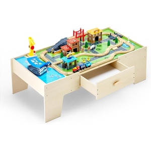 VEVOR Train Table, 100 Multicolor Pieces Wooden Kids Activity Table with Rolling Storage Drawer, 3-in-1 Wooden Train Set for Gaming, Drawing, Reading, Eating, Creative Toy Set for Kids Ages 3+(Standard Drawer)