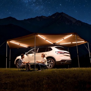 VEVOR Vehicle Awning 6.6’x8.2′ Roof Rack Pull-Out Sun Shade UV50+ PU3000mm, Retractable Weatherproof 4×4 Side Awning for SUV Outdoor Camping & Overland (Hardware Included), w/Waterproof Storage Bag(Khaki 270° 18.7*6.4ft Car Awning with LED)