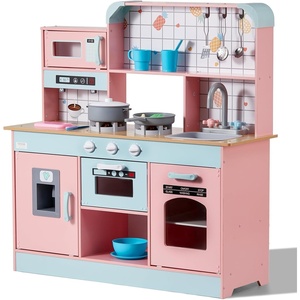 VEVOR Wooden Play Kitchen Toy, Play Kitchen for Kids with Lights and Sounds, Toddler Kitchen with Ice Maker, Oven, Sink, Microwaves, Fridge and Utensil and Fruit Accessory for Toddlers, White(Pink)