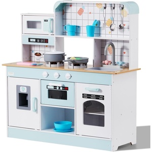 VEVOR Wooden Play Kitchen Toy, Play Kitchen for Kids with Lights and Sounds, Toddler Kitchen with Ice Maker, Oven, Sink, Microwaves, Fridge and Utensil and Fruit Accessory for Toddlers, White(White)