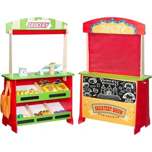 VEVOR Wooden Puppet Theater with Curtains, 2-in-1 Reversible Play Store, Double-Sided Grocery Store Playset with Chalkboard & Cash Register, Kids Pretend Play Market Stand, Gift for Boys & Girls(Stall & Playhouse)