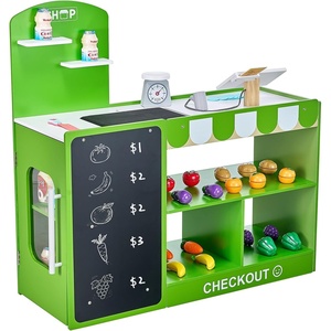 VEVOR Wooden Puppet Theater with Curtains, 2-in-1 Reversible Play Store, Double-Sided Grocery Store Playset with Chalkboard & Cash Register, Kids Pretend Play Market Stand, Gift for Boys & Girls(Grocery Store Set)