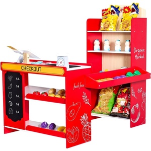VEVOR Wooden Puppet Theater with Curtains, 2-in-1 Reversible Play Store, Double-Sided Grocery Store Playset with Chalkboard & Cash Register, Kids Pretend Play Market Stand, Gift for Boys & Girls(Modular Stall Set)