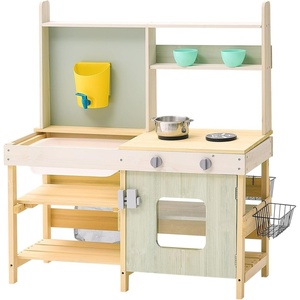 VEVOR Wooden Toy Play Kitchen Set, Mud Kitchen for Kids, Outdoor Toddler Grocery Store Playset, Pretend Play Kitchen with Stoves, Tank, Faucet, Storage Bag, Metal Baskets, and Cookware Pots