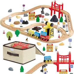 VEVOR Wooden Train Set, 39PCS, Wood Train Track with Magnetic Trains and Railway Accessories, Compatible with Major Brands, Small Town, Christmas Birthday Toy for Kids Toddlers Ages 3-8 Boys and Girls(70pcs)