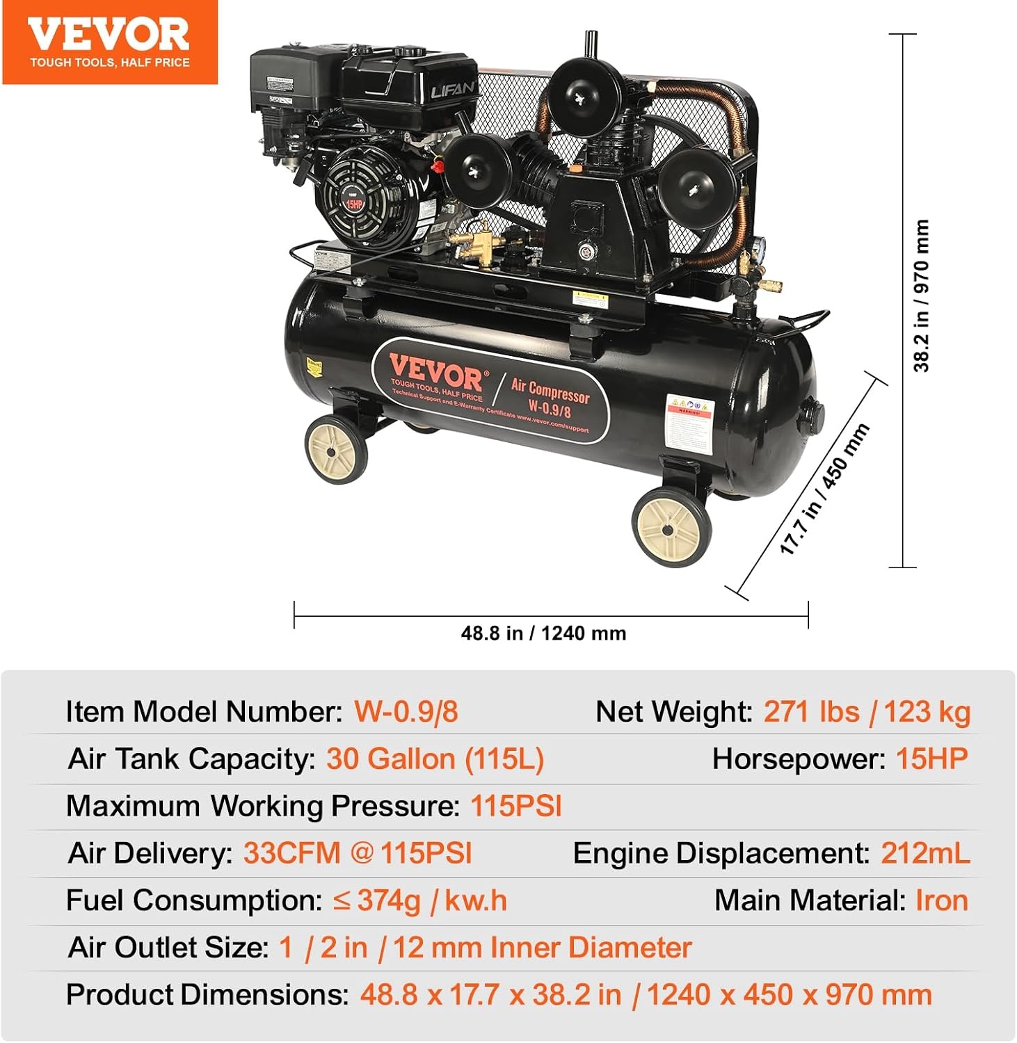 image:imageVEVOR 15HP Gas Powered Air Compressor 30 Gallon Horizontal Air Compressor Tank 33CFM115PSI Gas Driven Piston Pump Air Compressed System with 115PSI Max Pressure for Construction Sites Workshop30 Gallon