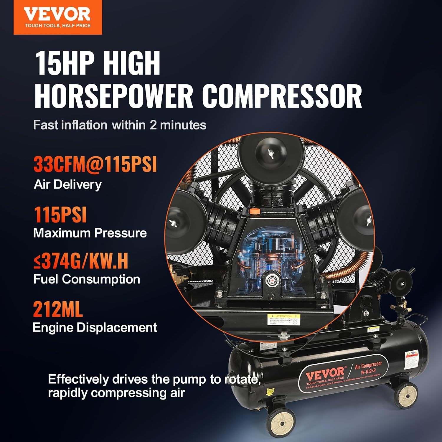 image:imageVEVOR 15HP Gas Powered Air Compressor 30 Gallon Horizontal Air Compressor Tank 33CFM115PSI Gas Driven Piston Pump Air Compressed System with 115PSI Max Pressure for Construction Sites Workshop30 Gallon