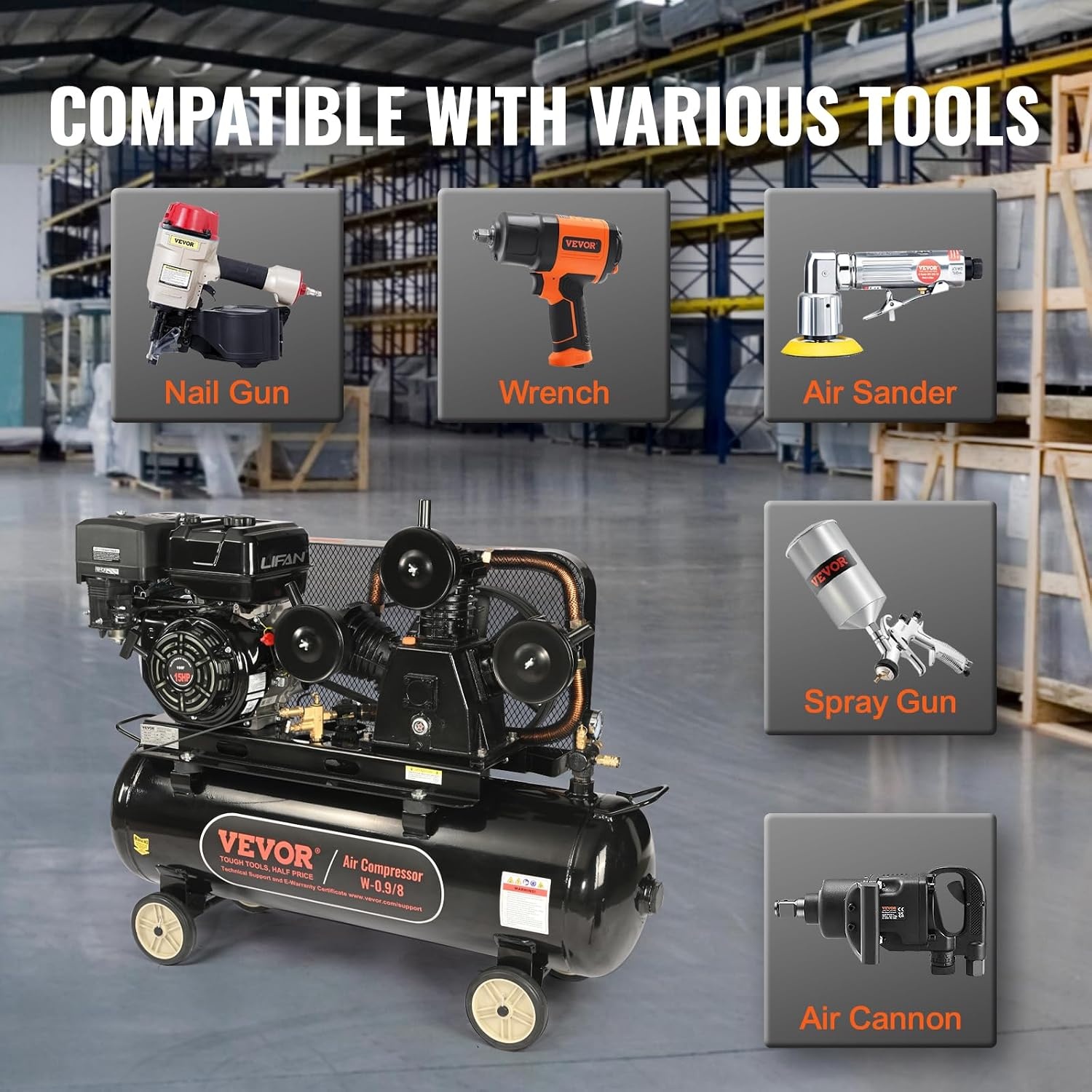 image:imageVEVOR 15HP Gas Powered Air Compressor 30 Gallon Horizontal Air Compressor Tank 33CFM115PSI Gas Driven Piston Pump Air Compressed System with 115PSI Max Pressure for Construction Sites Workshop30 Gallon