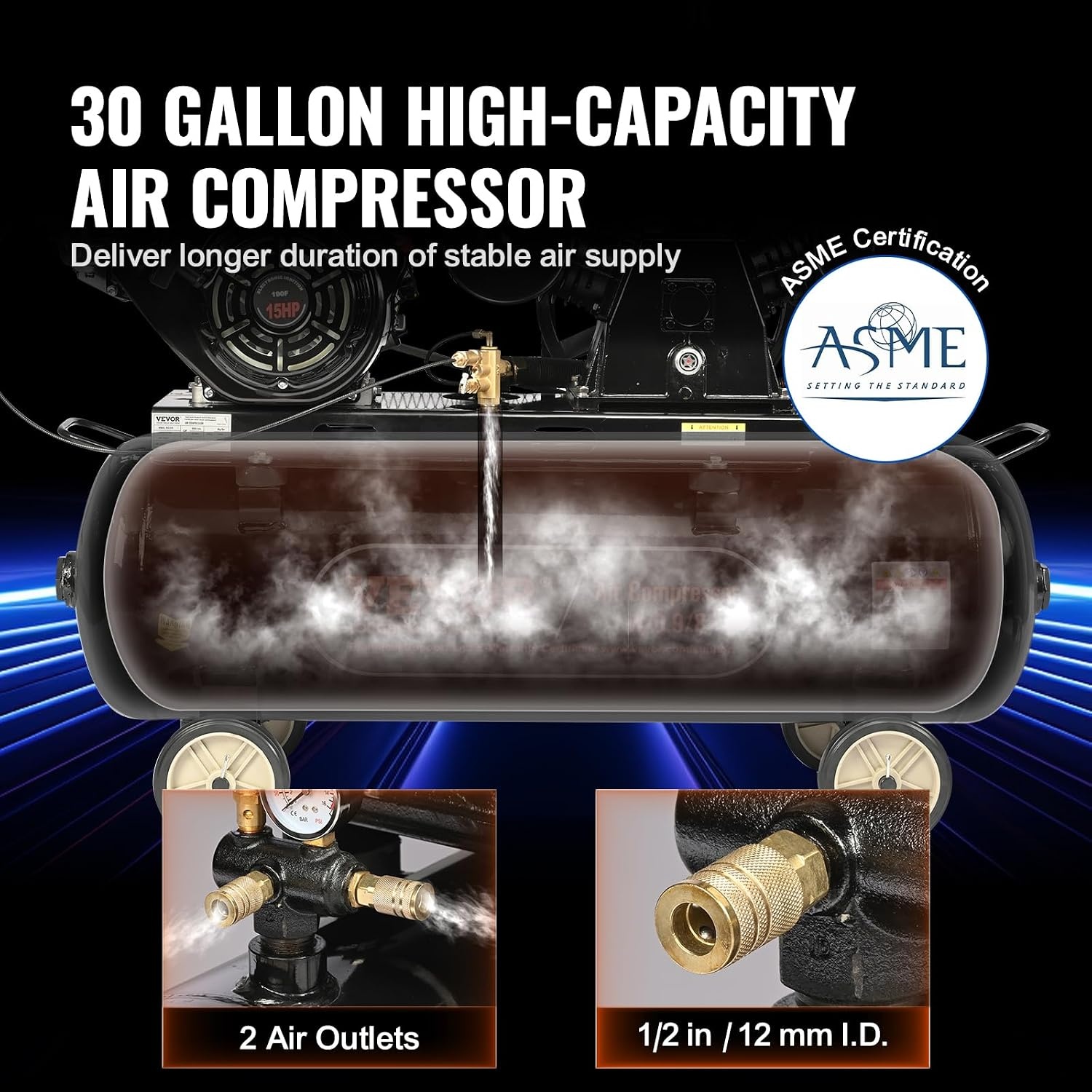 image:imageVEVOR 15HP Gas Powered Air Compressor 30 Gallon Horizontal Air Compressor Tank 33CFM115PSI Gas Driven Piston Pump Air Compressed System with 115PSI Max Pressure for Construction Sites Workshop30 Gallon