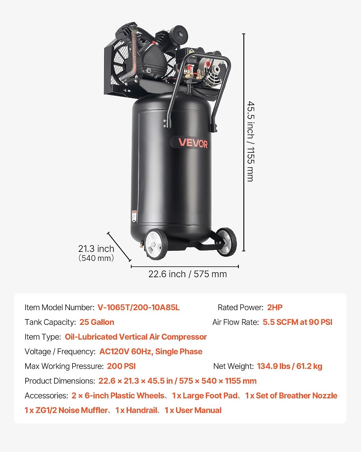image:imageVEVOR 25Gallon Air Compressor 2HP 55 SCFM at 90PSI Max 200PSI Pressure OilLubricated Air Compressor Tank Portable on Wheels for Auto Repair Tire Inflation Spray Painting Woodwork Nailing 120V