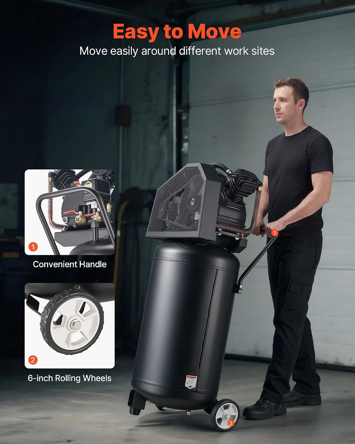 image:imageVEVOR 25Gallon Air Compressor 2HP 55 SCFM at 90PSI Max 200PSI Pressure OilLubricated Air Compressor Tank Portable on Wheels for Auto Repair Tire Inflation Spray Painting Woodwork Nailing 120V