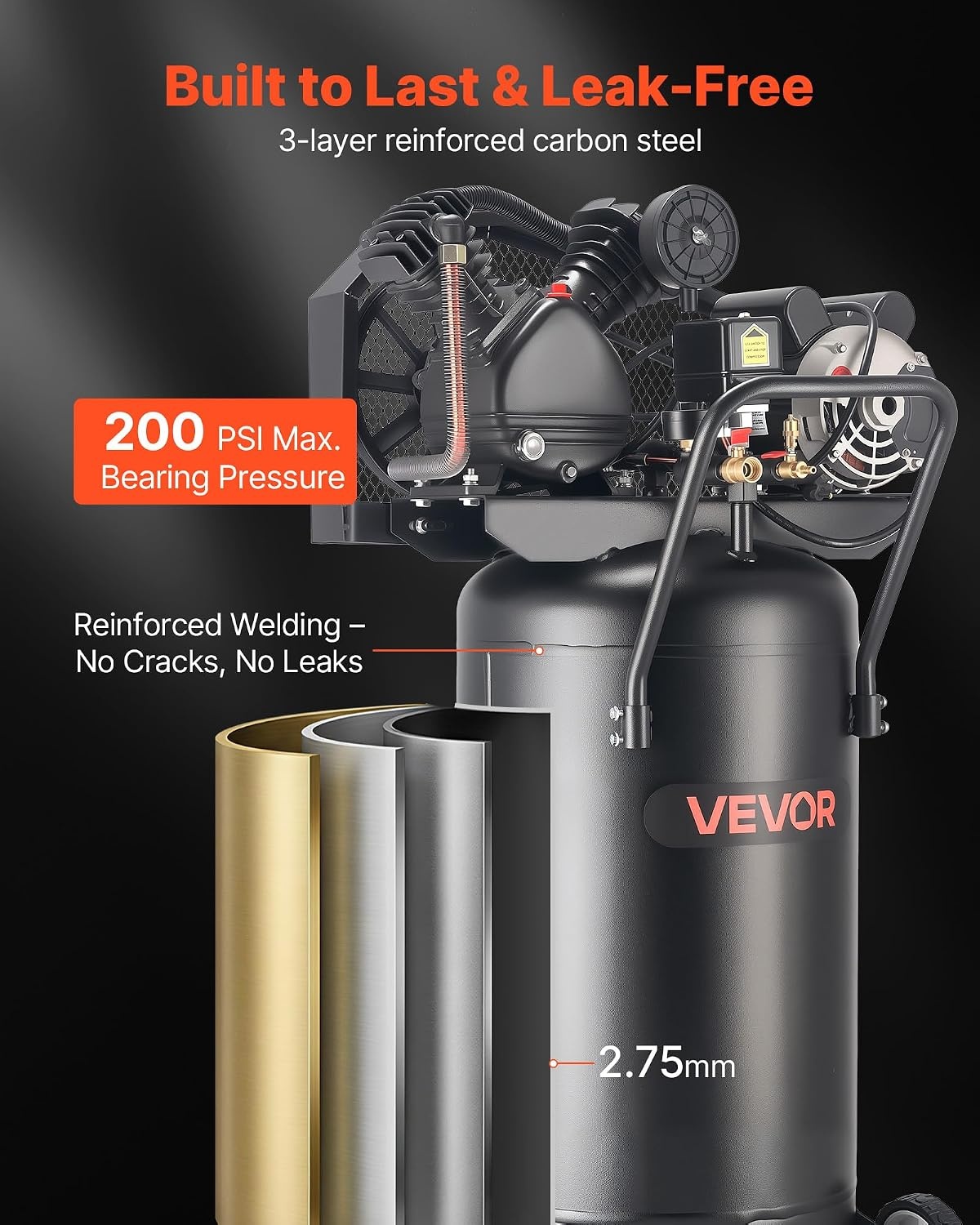 image:imageVEVOR 25Gallon Air Compressor 2HP 55 SCFM at 90PSI Max 200PSI Pressure OilLubricated Air Compressor Tank Portable on Wheels for Auto Repair Tire Inflation Spray Painting Woodwork Nailing 120V