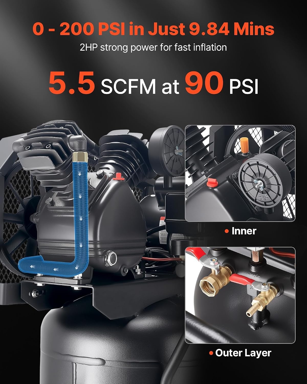 image:imageVEVOR 25Gallon Air Compressor 2HP 55 SCFM at 90PSI Max 200PSI Pressure OilLubricated Air Compressor Tank Portable on Wheels for Auto Repair Tire Inflation Spray Painting Woodwork Nailing 120V
