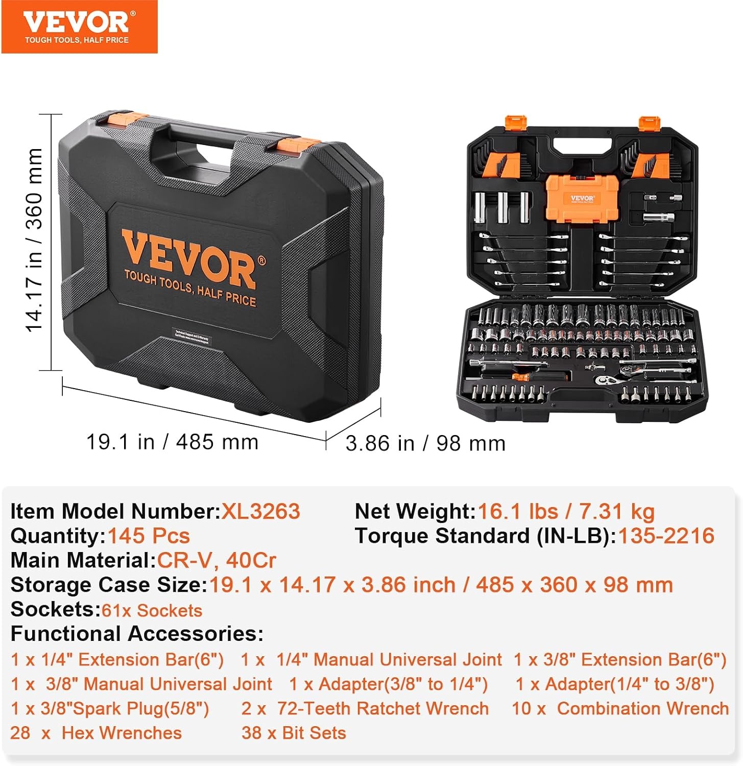 image:imageVEVOR 297 PCS Mechanic Tool Set with 4Drawer Tool Box 14 38 12 Drive SAE amp Metric Socket Set Car and Motorcycle Tool Kit with Combination Wrenches Bits Ratchets Spark Plug Sockets1438