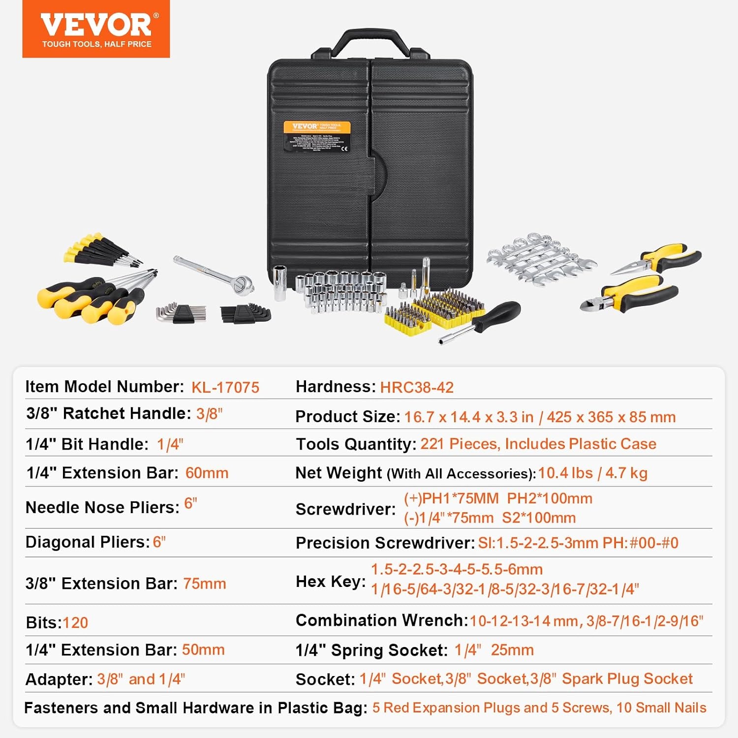 image:imageVEVOR 297 PCS Mechanic Tool Set with 4Drawer Tool Box 14 38 12 Drive SAE amp Metric Socket Set Car and Motorcycle Tool Kit with Combination Wrenches Bits Ratchets Spark Plug Sockets1438