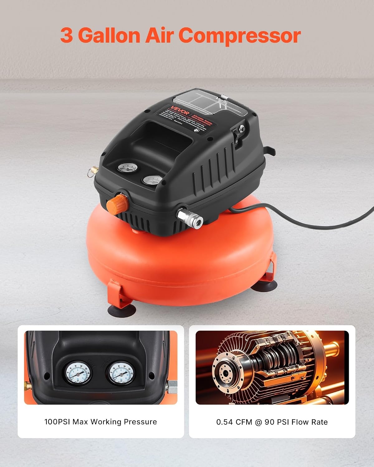 image:imageVEVOR 3 Gallon Air Compressor 13HP 054CFM 90PSI Portable Pancake Air Compressor amp 100PSI Max Working Pressure OilFree Compressor Tank for Tire Inflation Spray Painting Woodwork Nailing 120V