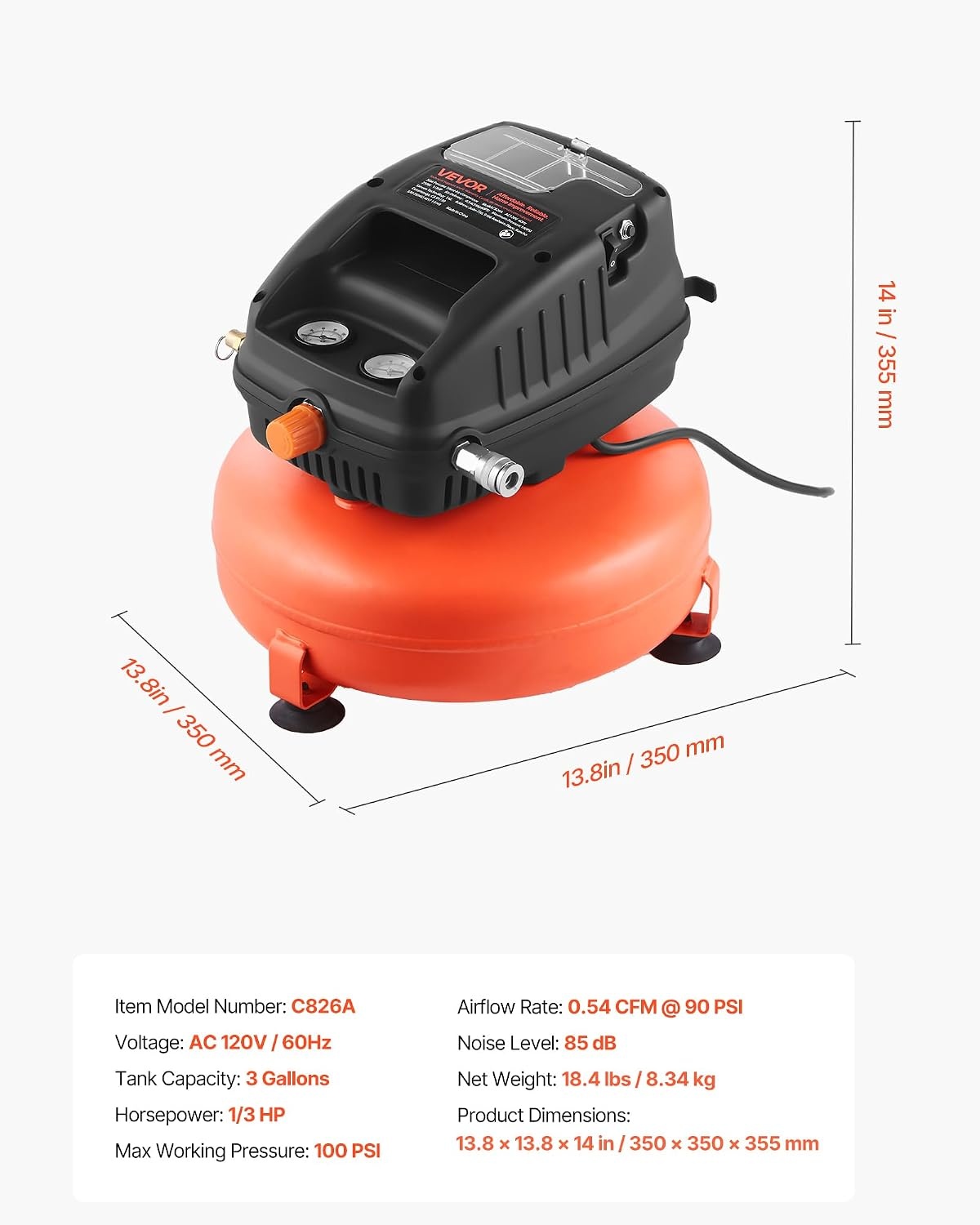 image:imageVEVOR 3 Gallon Air Compressor 13HP 054CFM 90PSI Portable Pancake Air Compressor amp 100PSI Max Working Pressure OilFree Compressor Tank for Tire Inflation Spray Painting Woodwork Nailing 120V