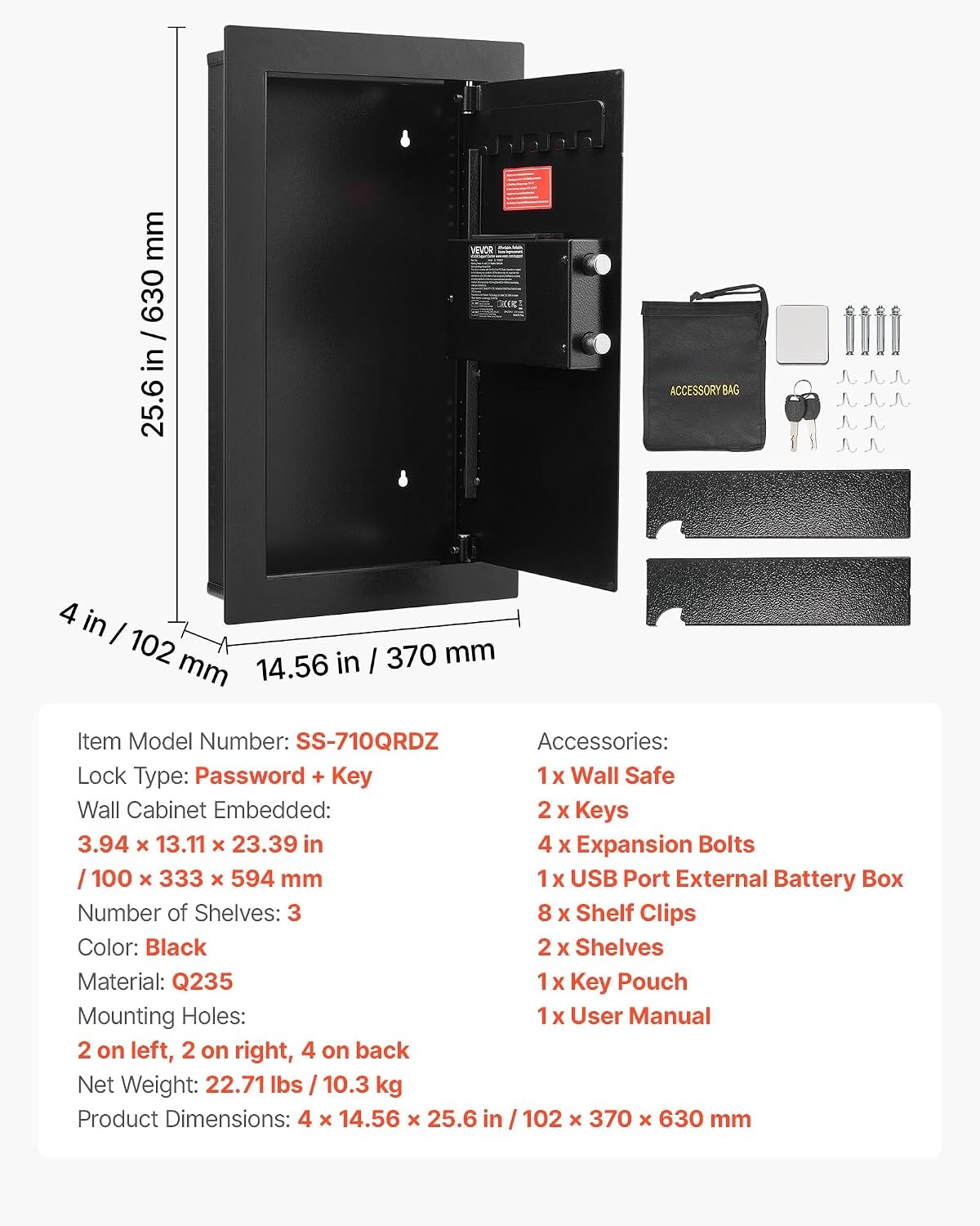 image:imageVEVOR 433 High Wall Safe 4Tier Hidden Wall Mounted Gun Safe with Password amp Key Q235 ColdRolled Steel InWall Box with LED Lighting 3 Adjustable Shelves amp Key Holders BlackBlack