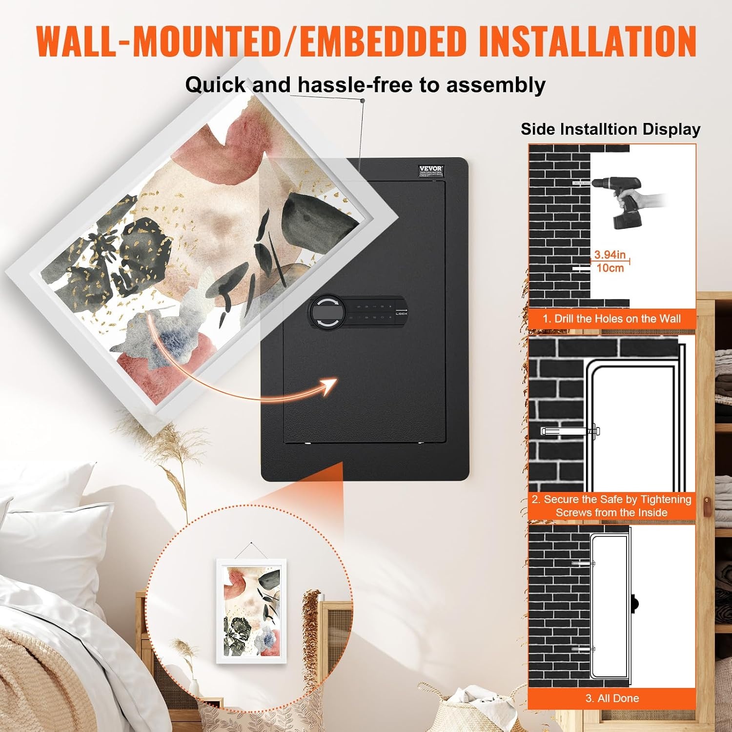 image:imageVEVOR 433 High Wall Safe 4Tier Hidden Wall Mounted Gun Safe with Password amp Key Q235 ColdRolled Steel InWall Box with LED Lighting 3 Adjustable Shelves amp Key Holders BlackBlack