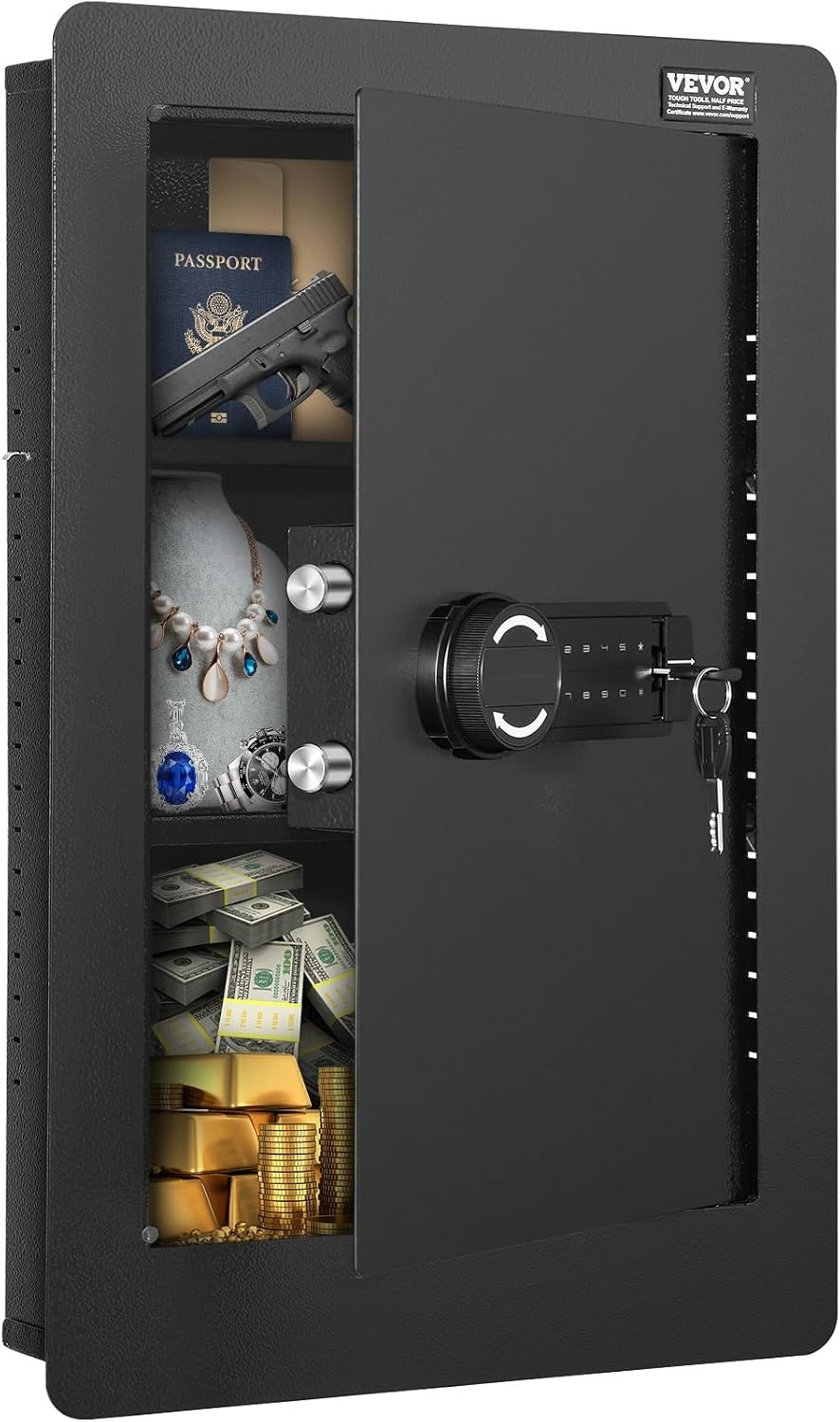 image:imageVEVOR 433 High Wall Safe 4Tier Hidden Wall Mounted Gun Safe with Password amp Key Q235 ColdRolled Steel InWall Box with LED Lighting 3 Adjustable Shelves amp Key Holders BlackBlack