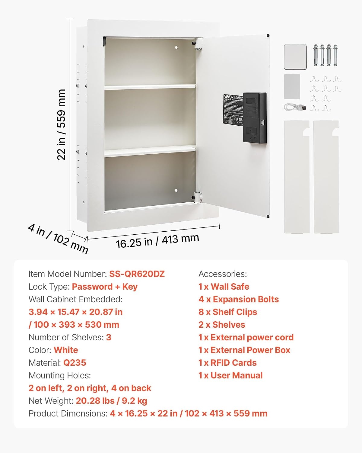 image:imageVEVOR 433 High Wall Safe 4Tier Hidden Wall Mounted Gun Safe with Password amp Key Q235 ColdRolled Steel InWall Box with LED Lighting 3 Adjustable Shelves amp Key Holders BlackWhite
