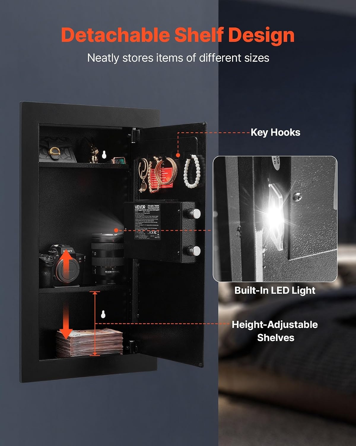 image:imageVEVOR 433 High Wall Safe 4Tier Hidden Wall Mounted Gun Safe with Password amp Key Q235 ColdRolled Steel InWall Box with LED Lighting 3 Adjustable Shelves amp Key Holders BlackBlack