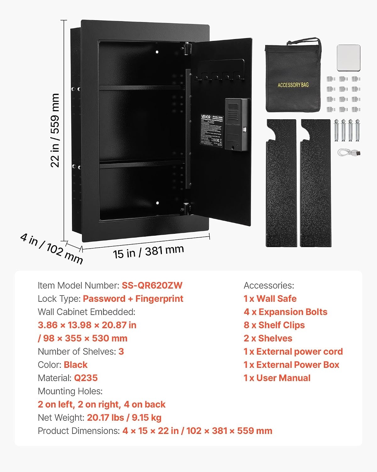 image:imageVEVOR 433 High Wall Safe 4Tier Hidden Wall Mounted Gun Safe with Password amp Key Q235 ColdRolled Steel InWall Box with LED Lighting 3 Adjustable Shelves amp Key Holders BlackBlack
