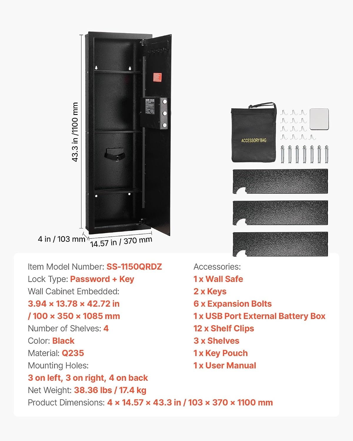 image:imageVEVOR 433 High Wall Safe 4Tier Hidden Wall Mounted Gun Safe with Password amp Key Q235 ColdRolled Steel InWall Box with LED Lighting 3 Adjustable Shelves amp Key Holders BlackBlack